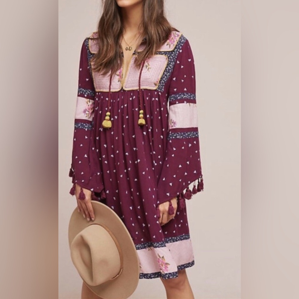 Anthropologie Seen Worn Kept Leavenworth Patchwork tassels dress XS